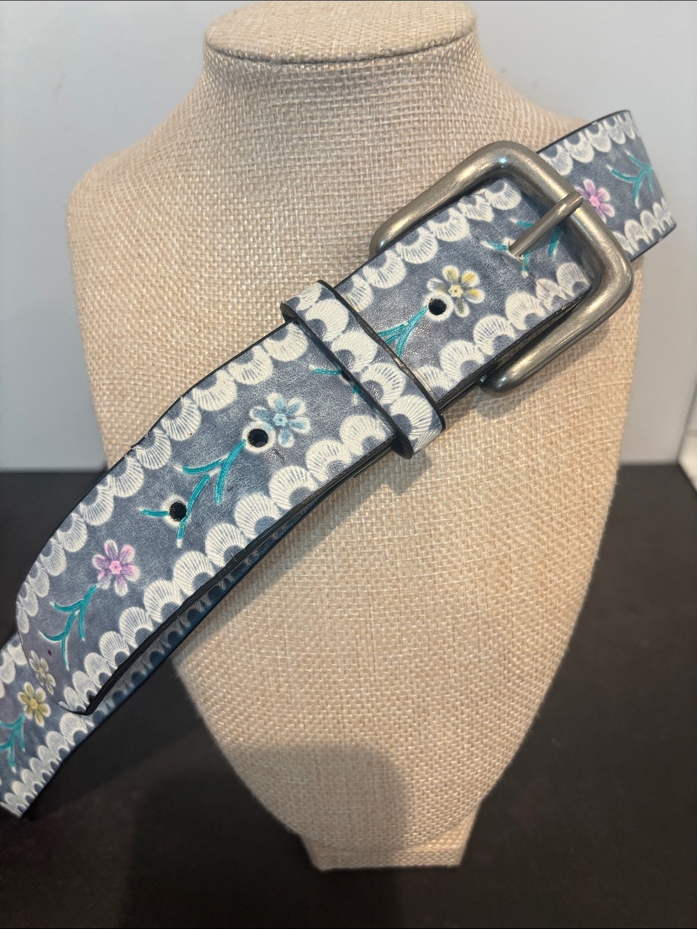 Vintage Boho Hand-Painted Tooled Leather Floral Belt Western Blue Pink 38” / M